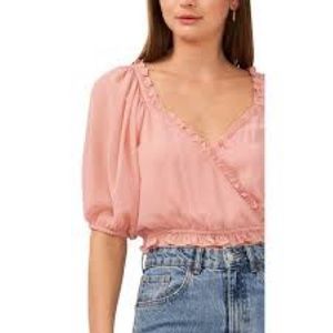 NWT|1.State|Blush|Surplice|Ruffled|Pullover|V-neck|Blouse|Crop top|Sheer|sz S